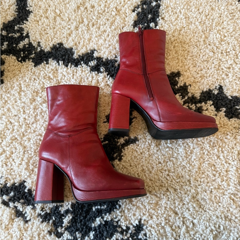 Red Leather Platform Heel Boot